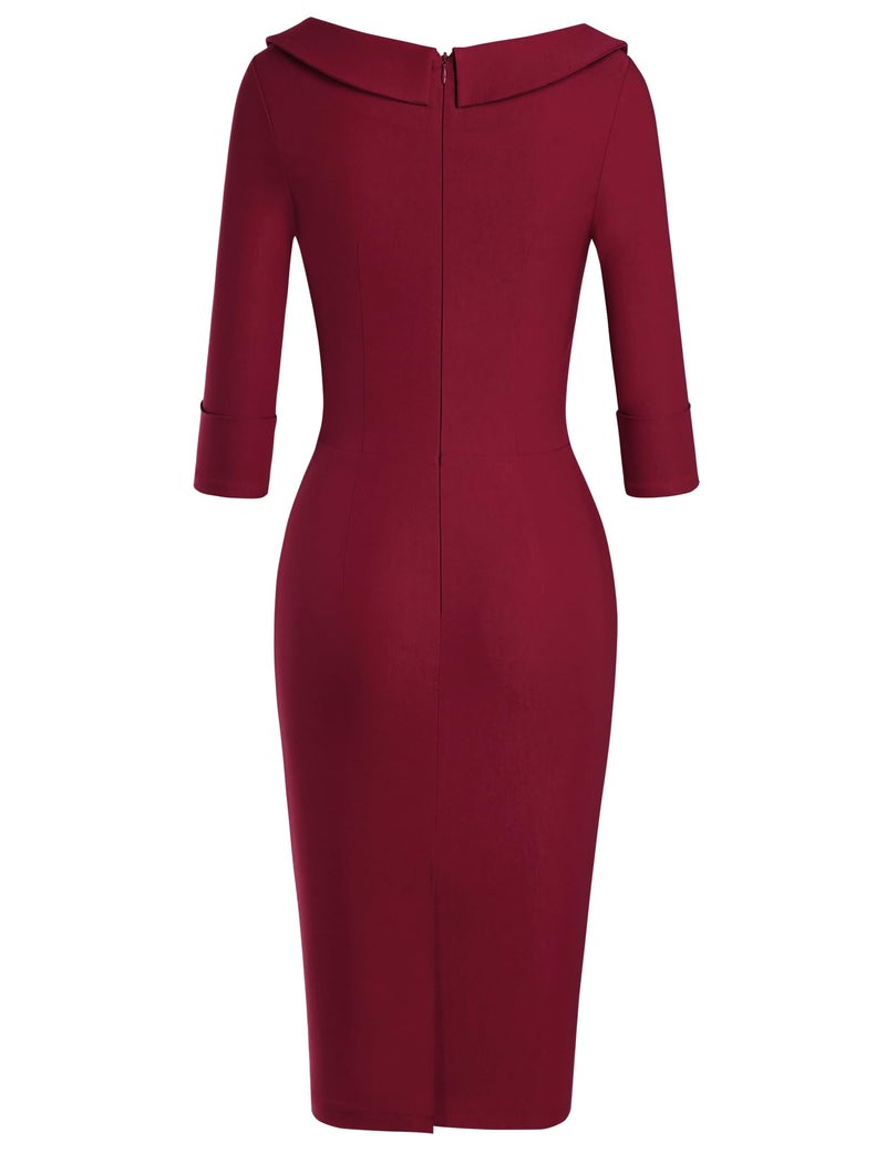 MUXXN Womens Sheer Button Up Sheath Slim Wear to Work Pencil Midi Office Dress (Burgundy M) - Image 2